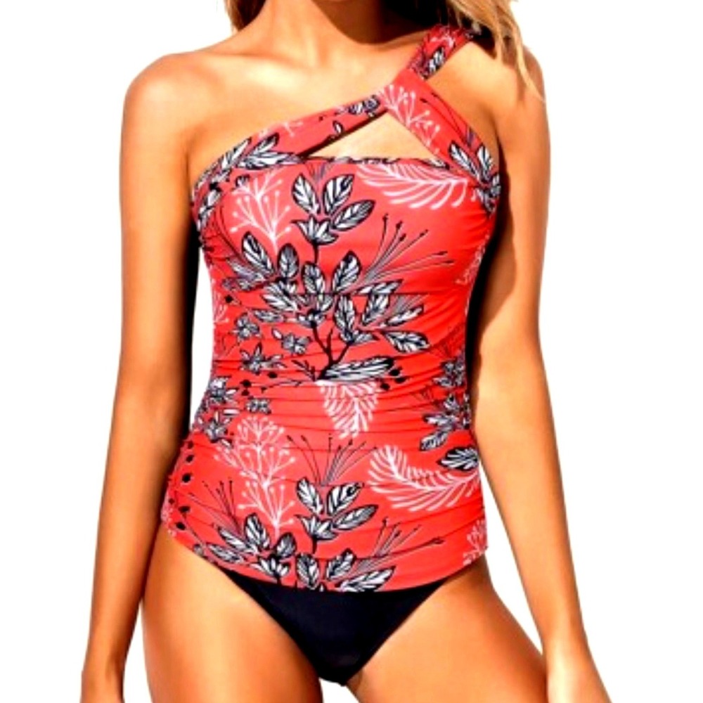 Tempt Me Tankini Top Women Medium Red Floral NEW One Shoulder Ruched Cutout